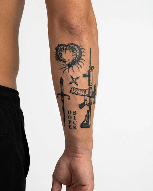 INKON Flash Sheet de Armas y Ciempiés tatuaje semi-permanente aplicado en un hombre – diseño de 4 x 7 in (10x17cm), apariencia de tinta realista, dura 10 días