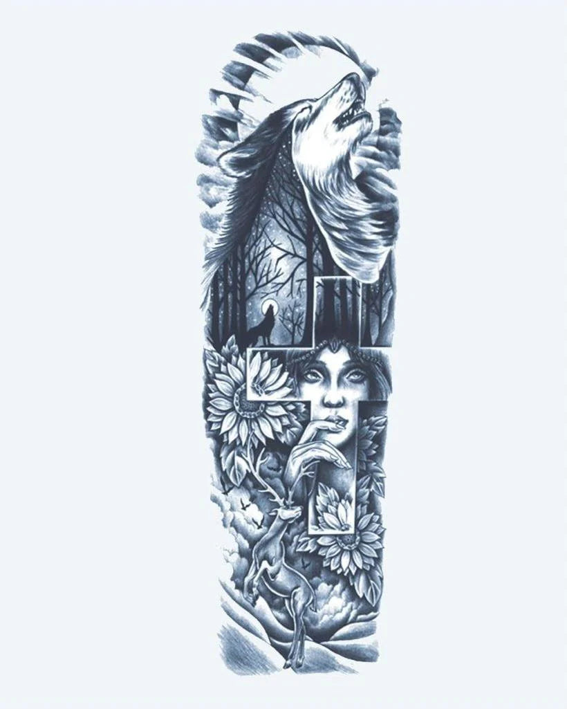Tatuaje semi-permanente Lobo Aullando y Mujer del Bosque diseño de INKON – ilustración de evocador, completo, manga, aullando, lobo, 8 x 20 in (20x50cm), disponible en inkon.co