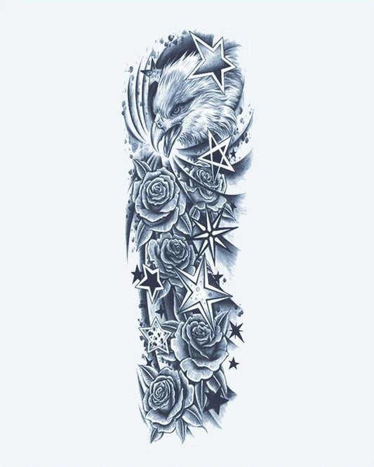 Tatuaje semi-permanente Águila, Estrellas y Rosas diseño de INKON – ilustración de completo, manga, águila, esparcido, estrellas, 8 x 20 in (20x50cm), disponible en inkon.co