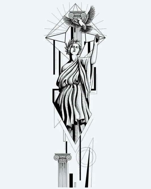 Tatuaje semi-permanente Diosa Griega y Paloma diseño de INKON – ilustración de clásico, griego, diosa, liberando, paloma, 8 x 20 in (20x50cm), disponible en inkon.co