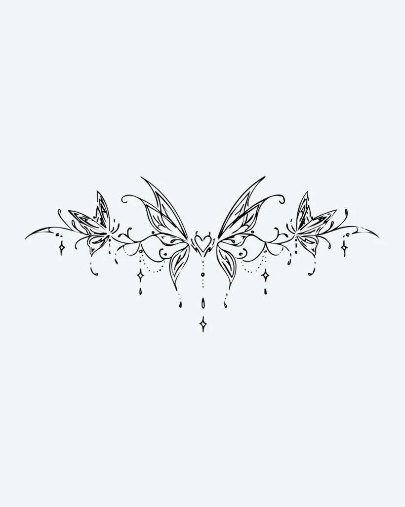 Tatuaje semi-permanente Brazalete de Mariposas y Corazón diseño de INKON – ilustración de simétrico, mariposa, brazalete, corazón, centro, 4 x 8 in (11x21cm), disponible en inkon.co
