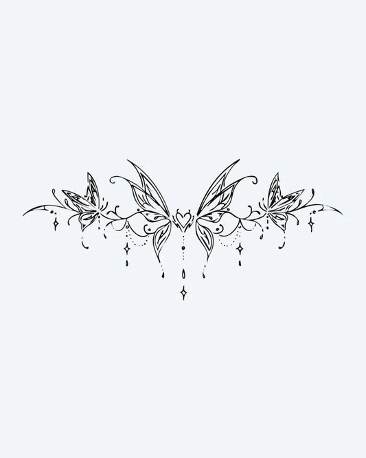 Tatuaje semi-permanente Brazalete de Mariposas y Corazón diseño de INKON – ilustración de simétrico, mariposa, brazalete, corazón, centro, 4 x 8 in (11x21cm), disponible en inkon.co