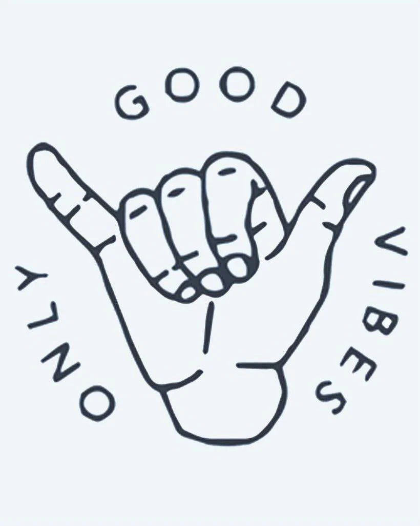 Tatuaje semi-permanente Good Vibes Only diseño de INKON – ilustración de shaka, signo, rodeado, palabras, buena, 2 x 2 in (5x5cm), disponible en inkon.co
