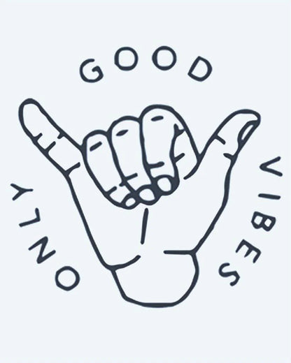 Tatuaje semi-permanente Good Vibes Only diseño de INKON – ilustración de shaka, signo, rodeado, palabras, buena, 2 x 2 in (5x5cm), disponible en inkon.co