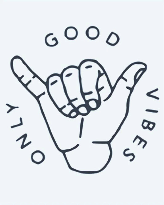 Tatuaje semi-permanente Good Vibes Only diseño de INKON – ilustración de shaka, signo, rodeado, palabras, buena, 2 x 2 in (5x5cm), disponible en inkon.co