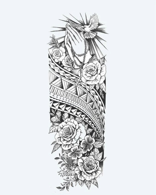 Tatuaje semi-permanente Manos en Oración, Paloma y Rosas diseño de INKON – ilustración de espiritual, completo, manga, orando, manos, 8 x 20 in (20x50cm), disponible en inkon.co