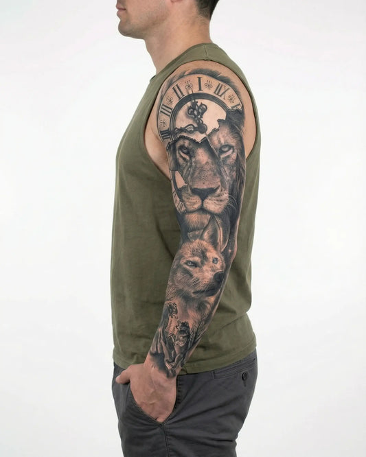 INKON León, Lobo y Reloj tatuaje semi-permanente aplicado en un hombre – diseño de 8 x 20 in (20x50cm), apariencia de tinta realista, dura 10 días