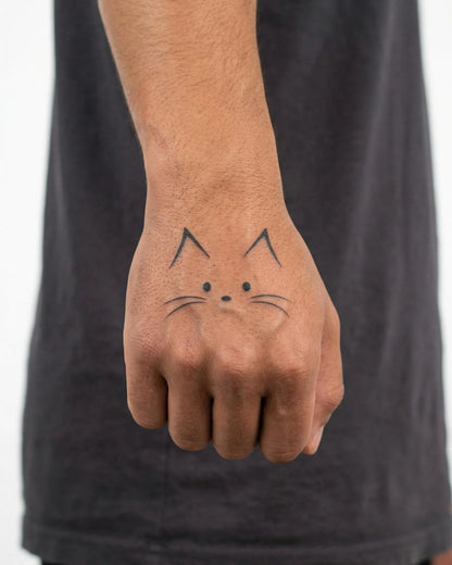 INKON Cara de Gato tatuaje semi-permanente aplicado en un hombre – diseño de 2 x 2 in (5x5cm), apariencia de tinta realista, dura 10 días