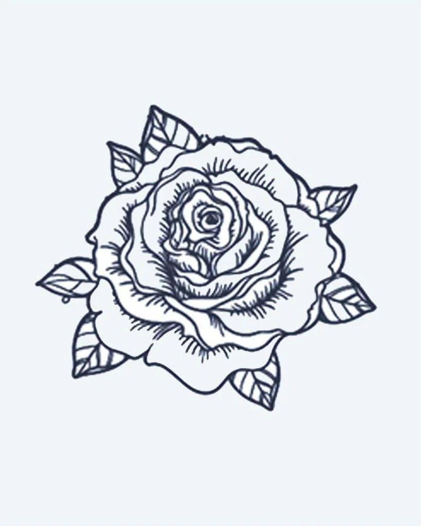 Tatuaje semi-permanente Rosa en Floración diseño de INKON – ilustración de abierto, floreciendo, rosa, en capas, pétalos, 2 x 2 in (5x5cm), disponible en inkon.co