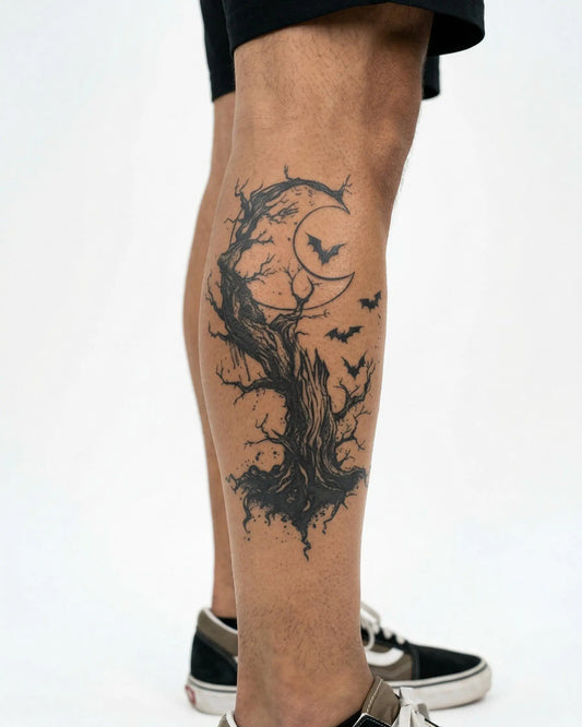 INKON Árbol Muerto, Luna y Murciélagos tatuaje semi-permanente aplicado en un hombre – diseño de 4 x 7 in (10x17cm), apariencia de tinta realista, dura 10 días