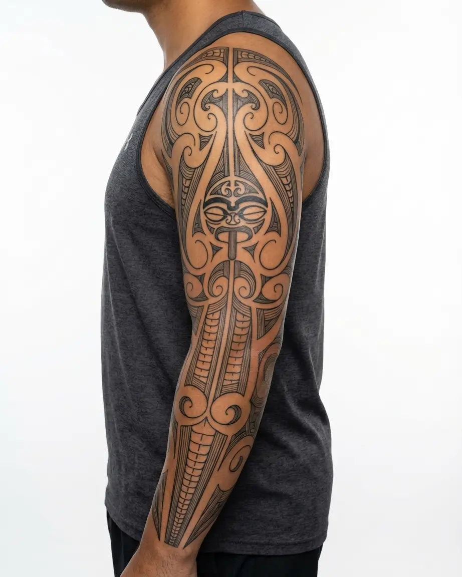 INKON Manga Completa Maorí Tiki tatuaje semi-permanente aplicado en un hombre – diseño de 8 x 20 in (20x50cm), apariencia de tinta realista, dura 10 días