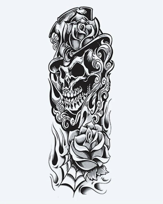 Tatuaje semi-permanente Calavera con Sombrero de Copa y Rosas diseño de INKON – ilustración de sonriendo, calavera, usando, rodeado, ornamentado, 8 x 20 in (20x50cm), disponible en inkon.co