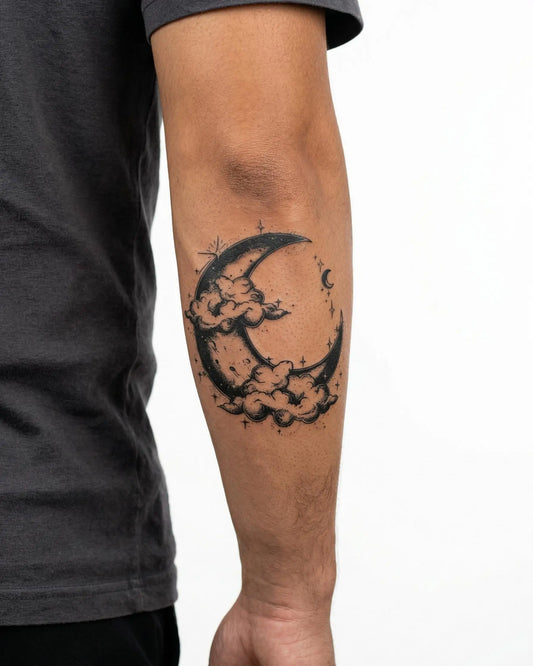 INKON Luna Creciente y Nubes tatuaje semi-permanente aplicado en un hombre – diseño de 4 x 4 in (9x9cm), apariencia de tinta realista, dura 10 días