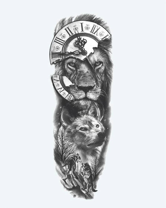 Tatuaje semi-permanente León, Lobo y Reloj diseño de INKON – ilustración de completo, manga, majestuoso, león, lobo, 8 x 20 in (20x50cm), disponible en inkon.co