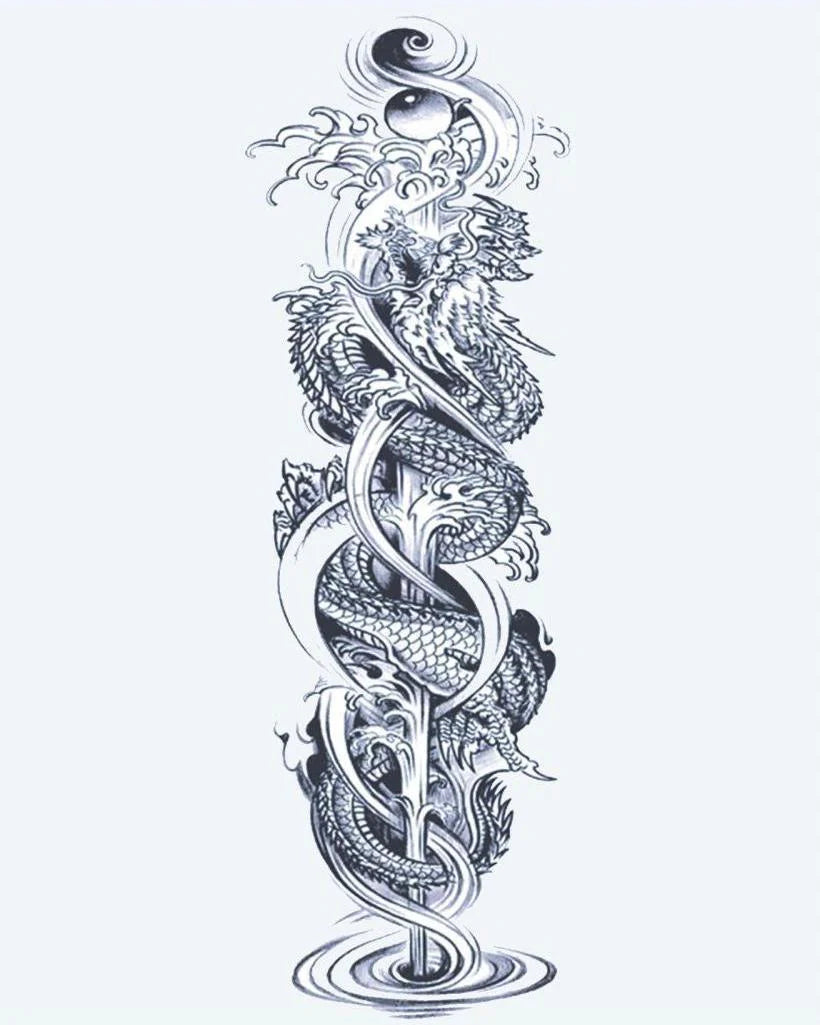 Tatuaje semi-permanente Dragones Gemelos y Yin Yang diseño de INKON – ilustración de completo, manga, entrelazado, dragones, en espiral, 8 x 20 in (20x50cm), disponible en inkon.co