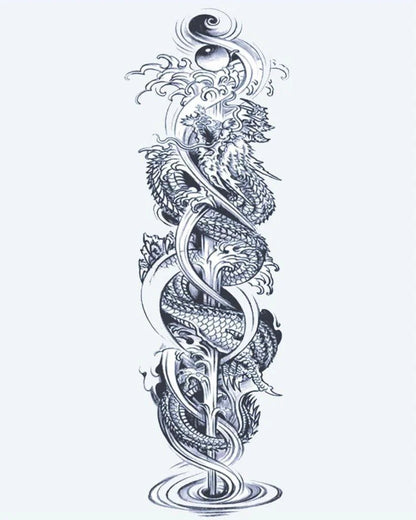 Tatuaje semi-permanente Dragones Gemelos y Yin Yang diseño de INKON – ilustración de completo, manga, entrelazado, dragones, en espiral, 8 x 20 in (20x50cm), disponible en inkon.co
