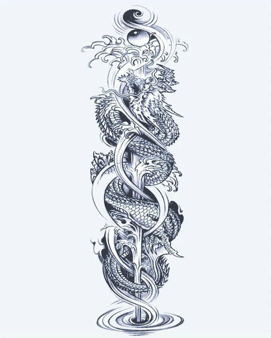 Tatuaje semi-permanente Dragones Gemelos y Yin Yang diseño de INKON – ilustración de completo, manga, entrelazado, dragones, en espiral, 8 x 20 in (20x50cm), disponible en inkon.co