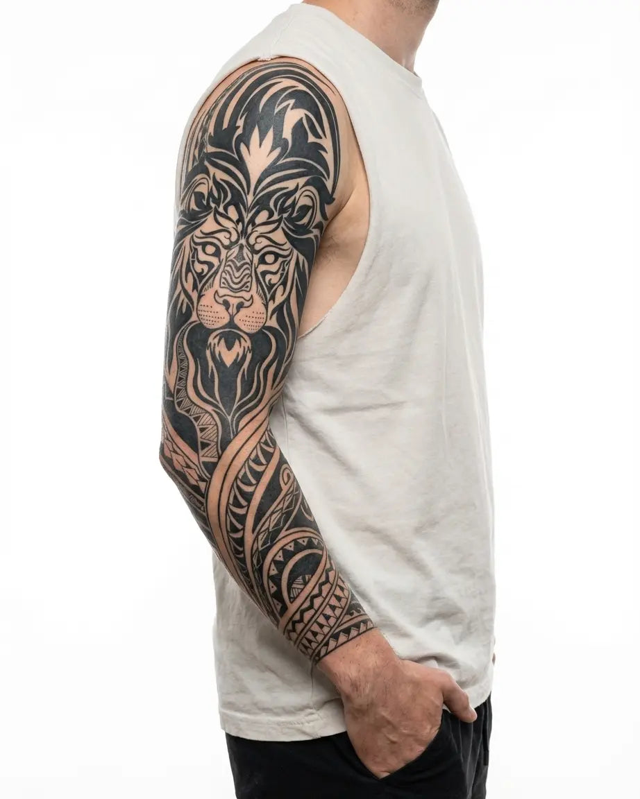INKON León Tribal tatuaje semi-permanente aplicado en un hombre – diseño de 8 x 20 in (20x50cm), apariencia de tinta realista, dura 10 días