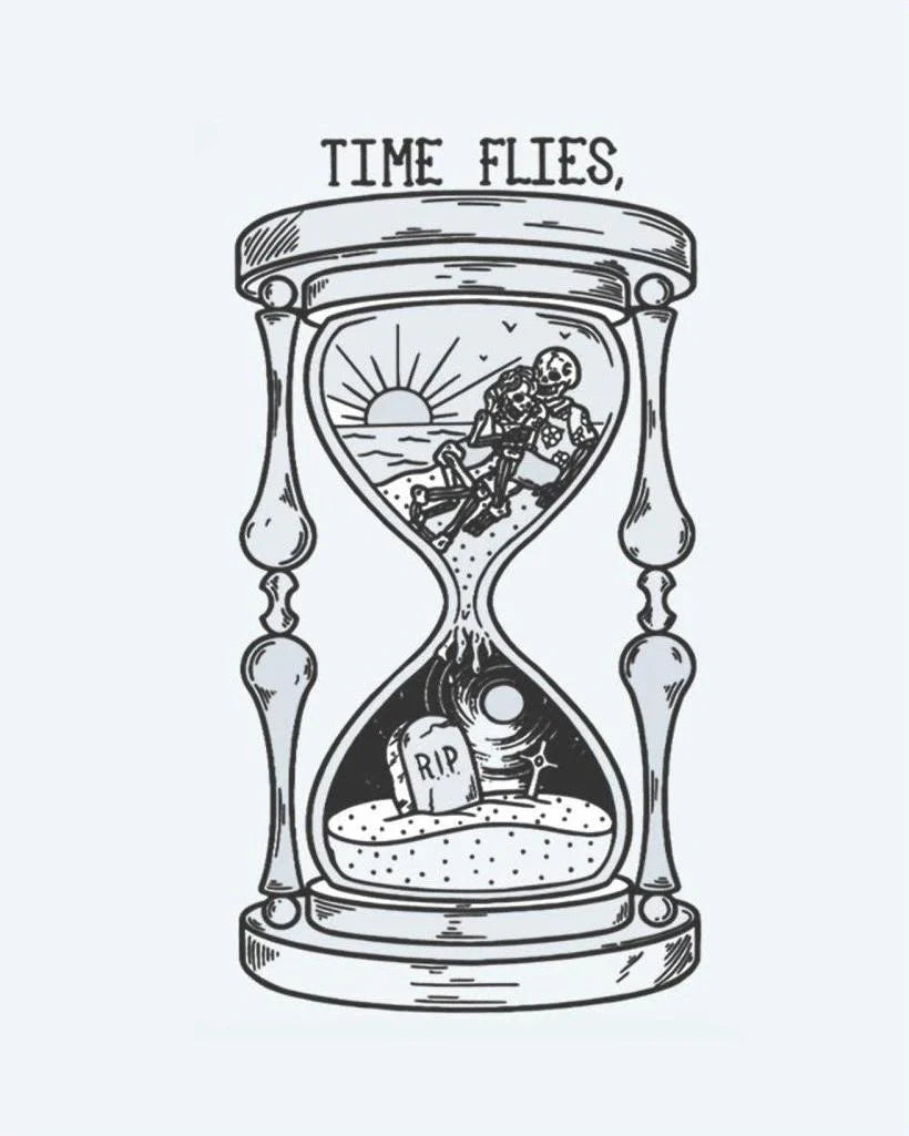 Tatuaje semi-permanente Reloj de Arena El Tiempo Vuela diseño de INKON – ilustración de reloj de arena, esqueleto, lápida, dentro, coronado, 3 x 4 in (6x11cm), disponible en inkon.co