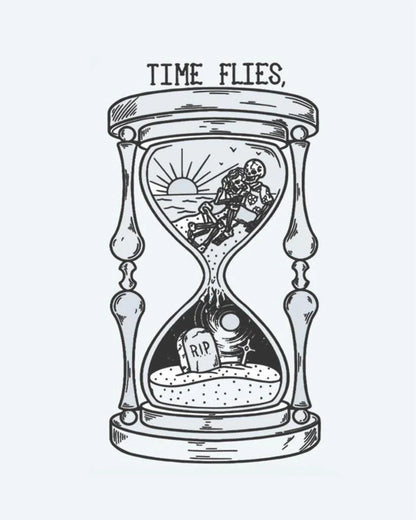 Tatuaje semi-permanente Reloj de Arena El Tiempo Vuela diseño de INKON – ilustración de reloj de arena, esqueleto, lápida, dentro, coronado, 3 x 4 in (6x11cm), disponible en inkon.co