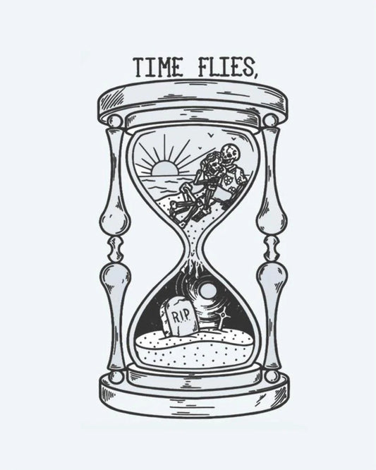 Tatuaje semi-permanente Reloj de Arena El Tiempo Vuela diseño de INKON – ilustración de reloj de arena, esqueleto, lápida, dentro, coronado, 3 x 4 in (6x11cm), disponible en inkon.co