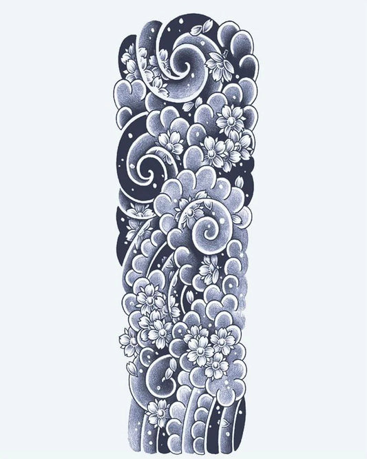Tatuaje semi-permanente Nubes Japonesas y Flores de Cerezo diseño de INKON – ilustración de impresionante, japonés, completo, manga, arremolinándose, 8 x 20 in (20x50cm), disponible en inkon.co