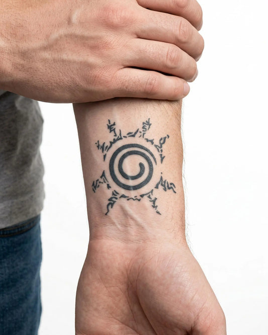 INKON Sello en Espiral tatuaje semi-permanente aplicado en un hombre – diseño de 2 x 2 in (5x5cm), apariencia de tinta realista, dura 10 días