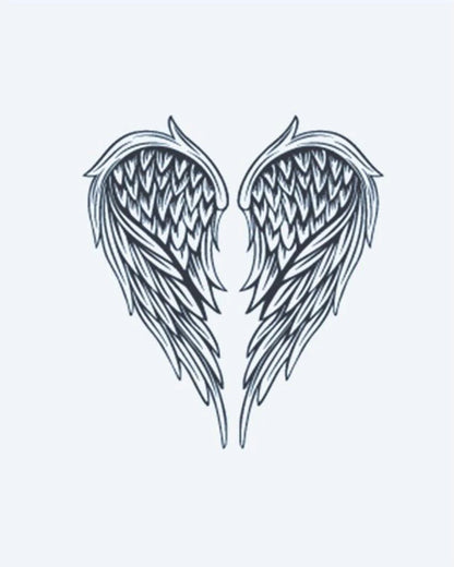 Tatuaje semi-permanente Alas de Ángel diseño de INKON – ilustración de hermosamente, simétrico, par, ángel, alas, 3 x 4 in (7x10cm), disponible en inkon.co