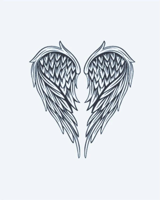 Tatuaje semi-permanente Alas de Ángel diseño de INKON – ilustración de hermosamente, simétrico, par, ángel, alas, 3 x 4 in (7x10cm), disponible en inkon.co