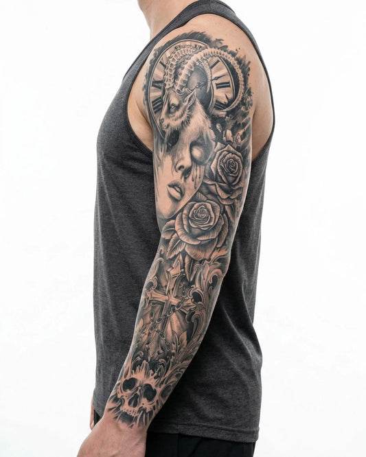 INKON Mujer Carnero y Cruz Gótica tatuaje semi-permanente aplicado en un hombre – diseño de 8 x 20 in (20x50cm), apariencia de tinta realista, dura 10 días