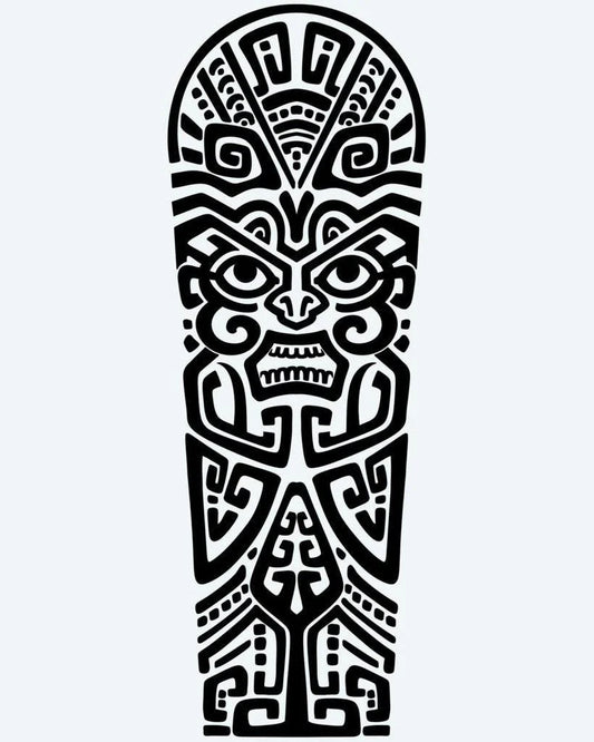 Tatuaje semi-permanente Rostro Tiki Polinesio diseño de INKON – ilustración de polinesio, centrado, tiki, rostro, líneas, 8 x 20 in (20x50cm), disponible en inkon.co