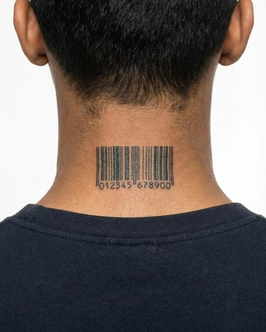 INKON Código de Barras tatuaje semi-permanente aplicado en un hombre – diseño de 2 x 2 in (5x5cm), apariencia de tinta realista, dura 10 días