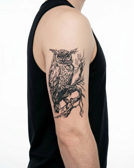 INKON Búho en la Rama tatuaje semi-permanente aplicado en un hombre – diseño de 4 x 7 in (10x17cm), apariencia de tinta realista, dura 10 días