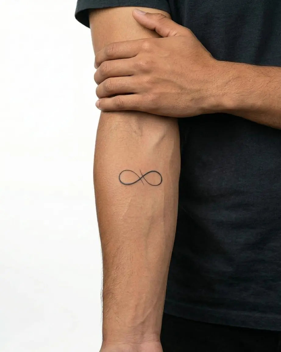 INKON Lazo Infinito tatuaje semi-permanente aplicado en un hombre – diseño de 2 x 2 in (5x5cm), apariencia de tinta realista, dura 10 días