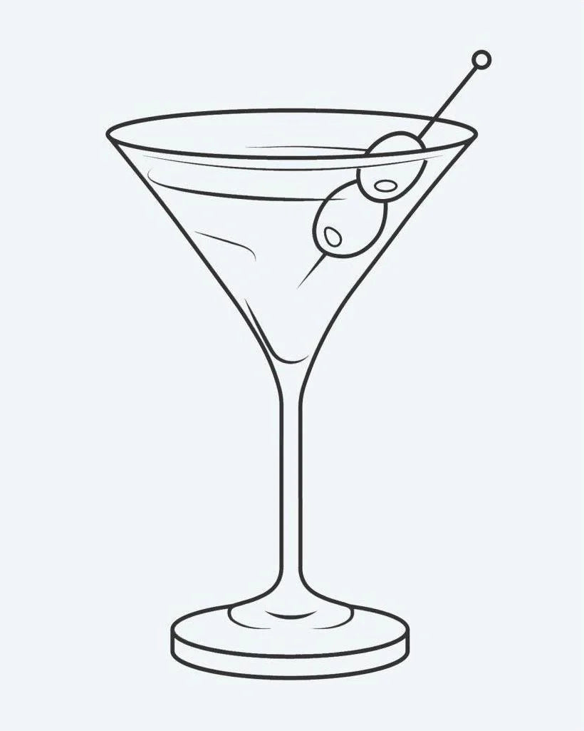 Tatuaje semi-permanente Copa de Martini diseño de INKON – ilustración de martini, vidrio, olivo, guarnición, línea, 2 x 2 in (5x5cm), disponible en inkon.co