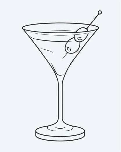 Tatuaje semi-permanente Copa de Martini diseño de INKON – ilustración de martini, vidrio, olivo, guarnición, línea, 2 x 2 in (5x5cm), disponible en inkon.co