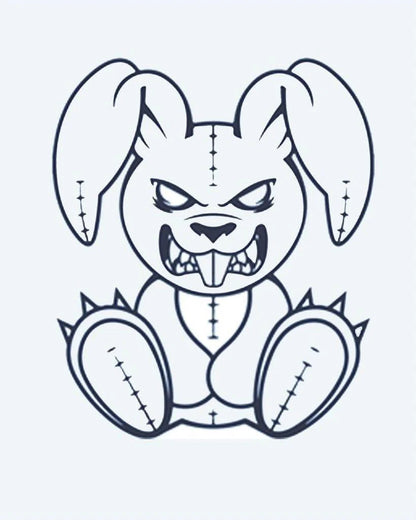 Tatuaje semi-permanente Conejo Malvado diseño de INKON – ilustración de espeluznante, cosido, conejo, peluche, amenazante, 2 x 2 in (5x5cm), disponible en inkon.co