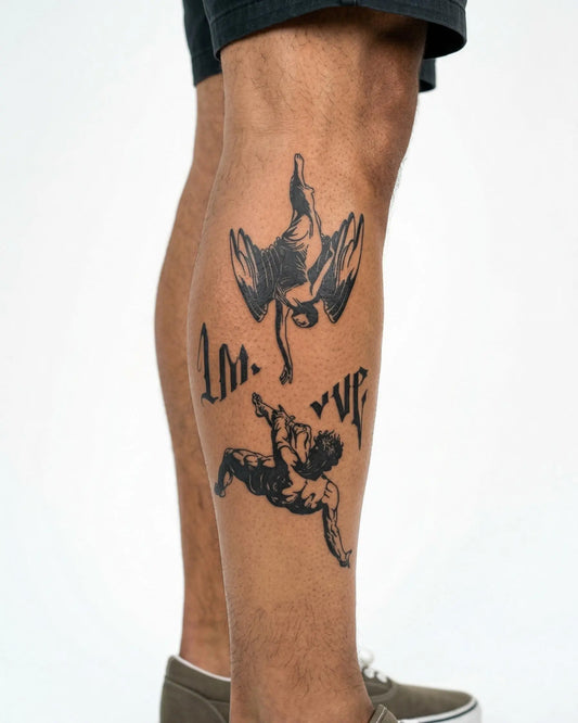 INKON Ángeles Caídos y Letras tatuaje semi-permanente aplicado en un hombre – diseño de 4 x 8 in (11x21cm), apariencia de tinta realista, dura 10 días