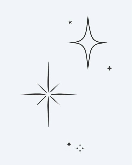 Tatuaje semi-permanente Estrellas Brillantes diseño de INKON – ilustración de minimalista, surtidos, cuatro, punta, ocho, 3 x 4 in (6x11cm), disponible en inkon.co