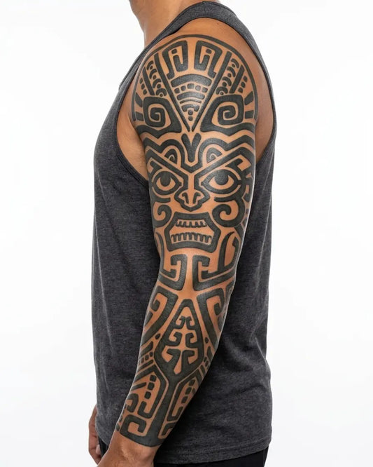 INKON Rostro Tiki Polinesio tatuaje semi-permanente aplicado en un hombre – diseño de 8 x 20 in (20x50cm), apariencia de tinta realista, dura 10 días