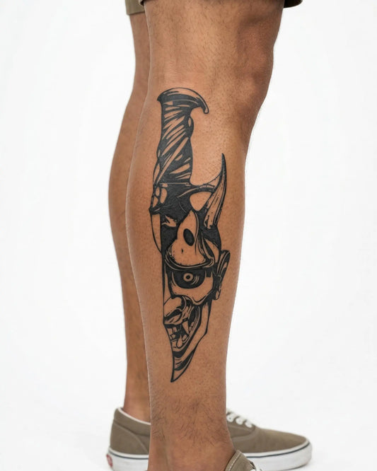INKON Hannya y Cuchillo tatuaje semi-permanente aplicado en un hombre – diseño de 4 x 8 in (11x21cm), apariencia de tinta realista, dura 10 días