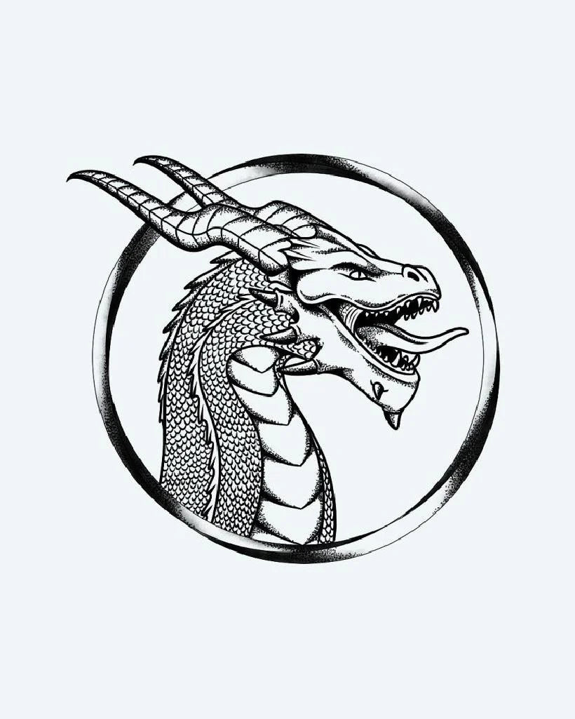 Tatuaje semi-permanente Retrato de Dragón con Cuernos diseño de INKON – ilustración de ilustrativo, blackwork, con cuernos, dragón, enmarcado, 4 x 4 in (9x9cm), disponible en inkon.co