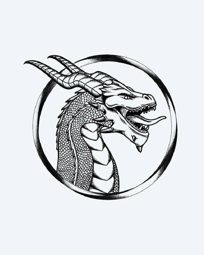 Tatuaje semi-permanente Retrato de Dragón con Cuernos diseño de INKON – ilustración de ilustrativo, blackwork, con cuernos, dragón, enmarcado, 4 x 4 in (9x9cm), disponible en inkon.co