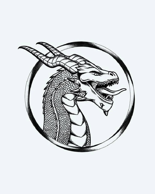 Tatuaje semi-permanente Retrato de Dragón con Cuernos diseño de INKON – ilustración de ilustrativo, blackwork, con cuernos, dragón, enmarcado, 4 x 4 in (9x9cm), disponible en inkon.co