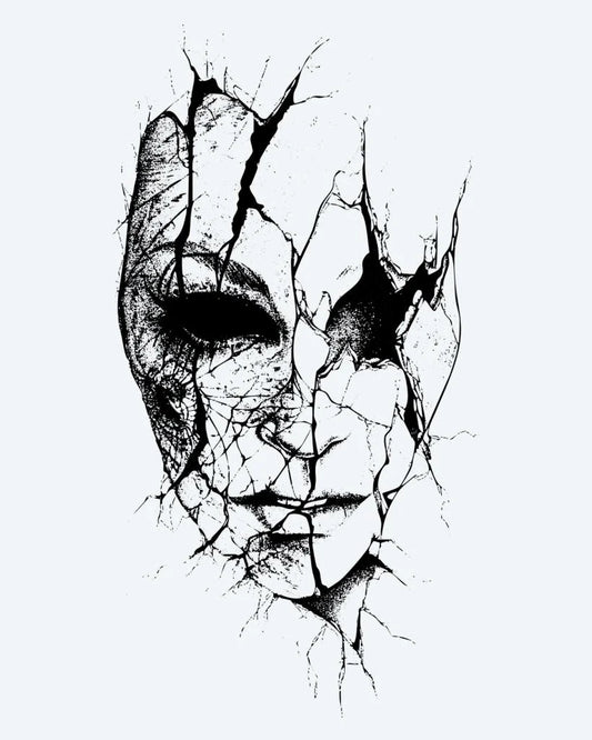 Tatuaje semi-permanente Cara Agrietada diseño de INKON – ilustración de inquietantemente, agrietado, rostro, expresivo, misterioso, 3 x 4 in (7x10cm), disponible en inkon.co