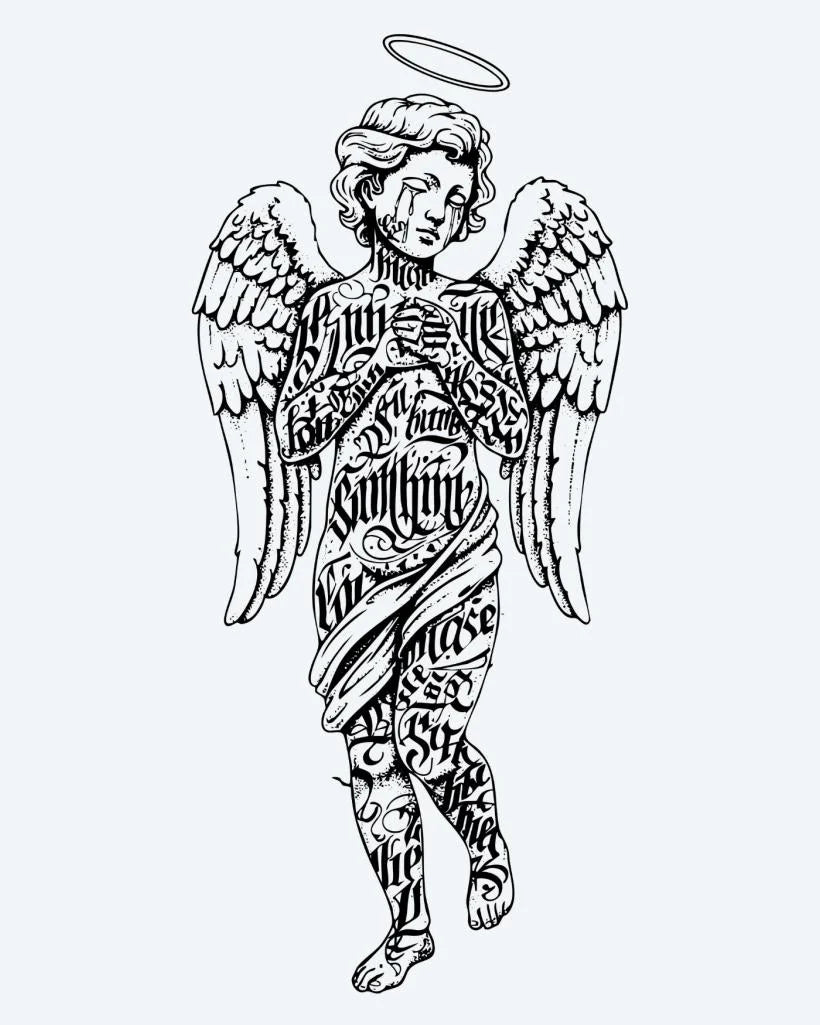 Tatuaje semi-permanente Ángel con Letras diseño de INKON – ilustración de alado, ángel, figura, aureola, cubierto, 4 x 7 in (10x17cm), disponible en inkon.co