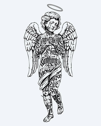Tatuaje semi-permanente Ángel con Letras diseño de INKON – ilustración de alado, ángel, figura, aureola, cubierto, 4 x 7 in (10x17cm), disponible en inkon.co