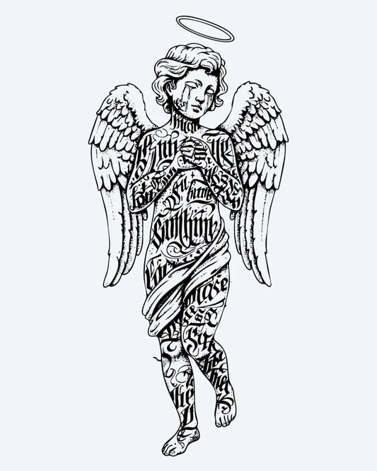 Tatuaje semi-permanente Ángel con Letras diseño de INKON – ilustración de alado, ángel, figura, aureola, cubierto, 4 x 7 in (10x17cm), disponible en inkon.co