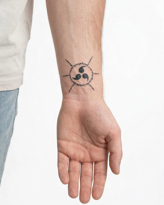 INKON Sello Maldito Tomoe tatuaje semi-permanente aplicado en un hombre – diseño de 2 x 2 in (5x5cm), apariencia de tinta realista, dura 10 días