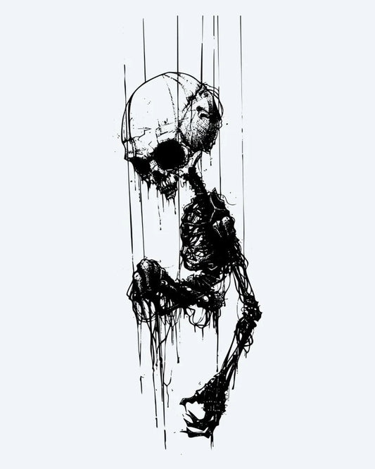 Tatuaje semi-permanente Esqueleto Caído diseño de INKON – ilustración de oscuro, dramático, cayendo, esqueleto, rodeado, 3 x 4 in (6x11cm), disponible en inkon.co